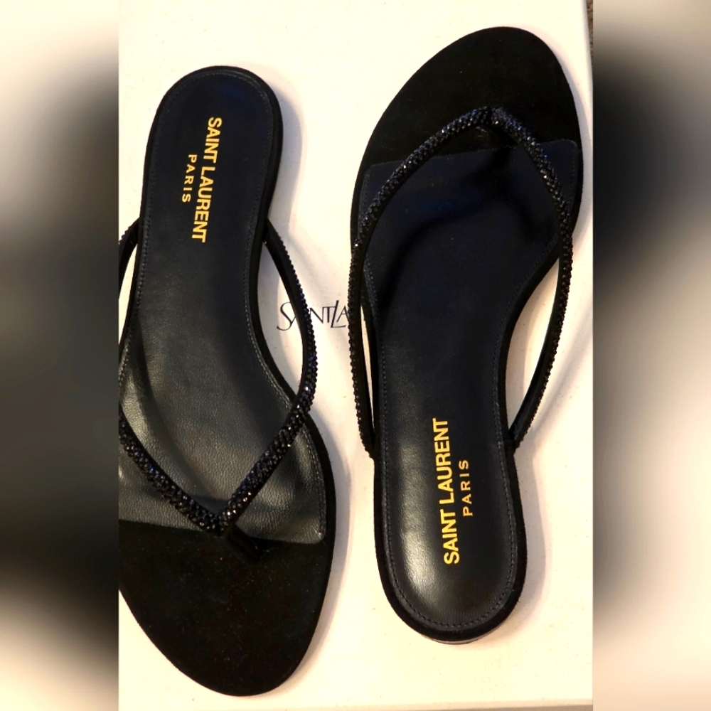 YSL Saint Laurent Joni Thong Sandals New In Box Black with tonal Crystal Straps